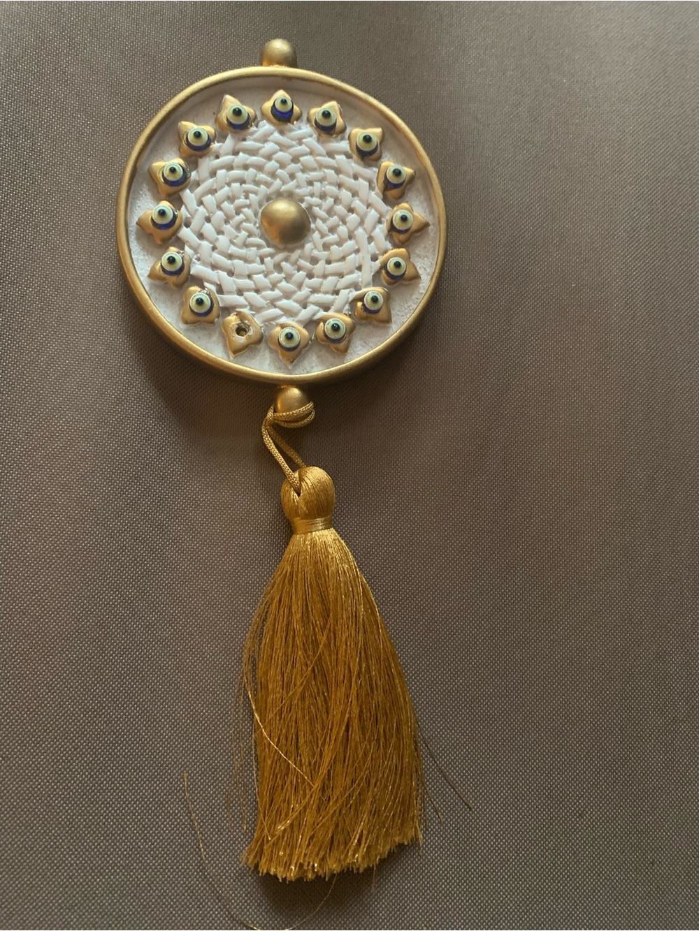 Gold and White Woven Disc Tassel Charm
